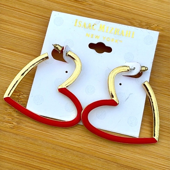 Brand New Isaac Mizrahi Gold Tone & Red Heart Shaped Drop Earrings Valentines - Picture 2 of 11